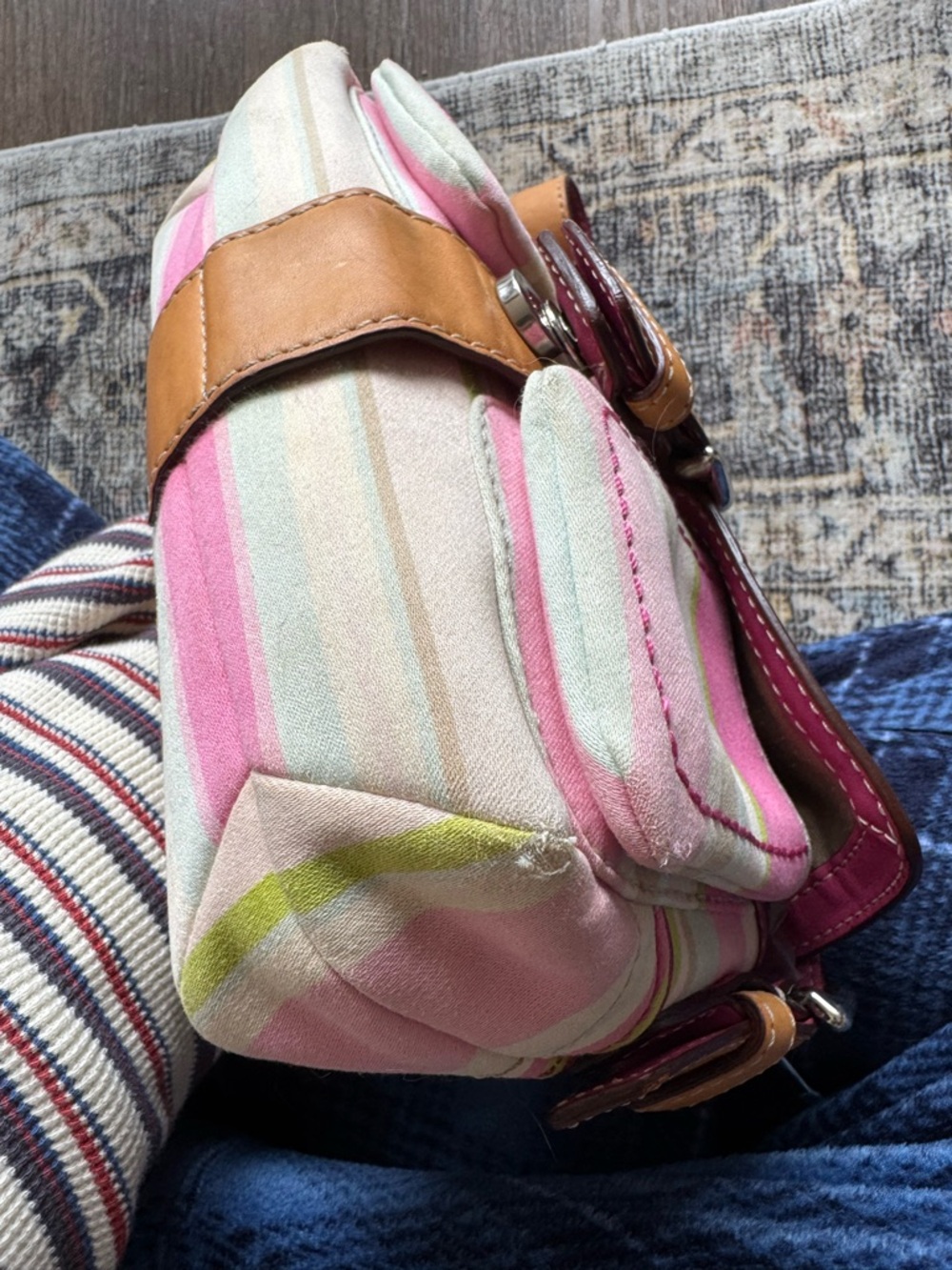 Vintage Coach Striped Pastel Shoulder Bag with Pink Trim and Tan Buckle - Picture 13 of 17